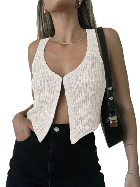Backless Knit Slim Cardigan Y2k Top for Sleeveless Knitwear Coat Tank Top Patchwork Cardigan