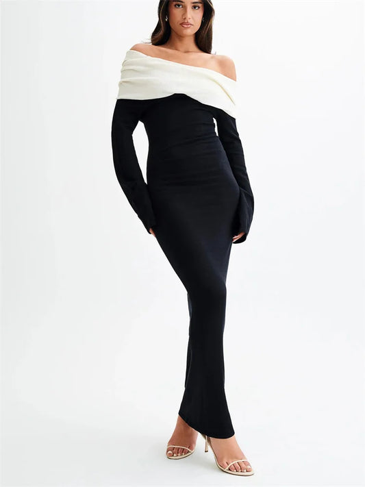 Backless Knitwear Long Dress Contrast Autumn Slim Party Dress Patchwork Knit Female Maxi Dress