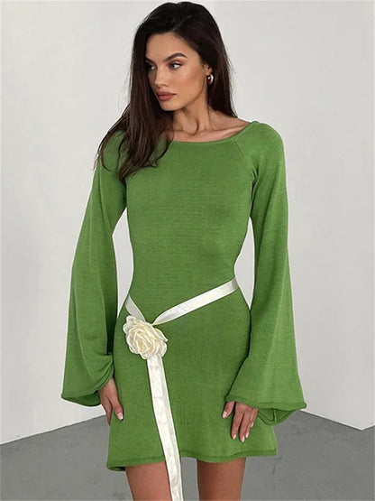 Backless Knitwear Lace-up Mini Dress Female Long Sleeve Loose Holiday Beach High Waist Dress Knit Dress