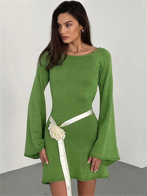 Backless Knitwear Lace-up Mini Dress Female Long Sleeve Loose Holiday Beach High Waist Dress Knit Dress