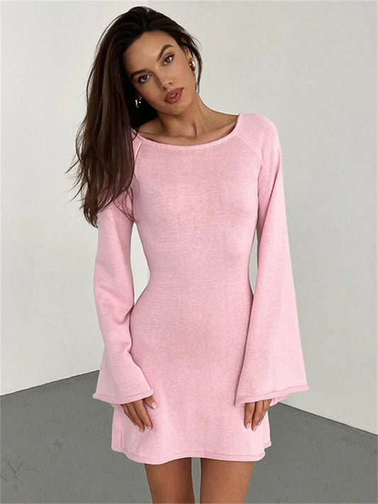 Backless Knitwear Lace-up Mini Dress Female Long Sleeve Loose Holiday Beach High Waist Dress Knit Dress