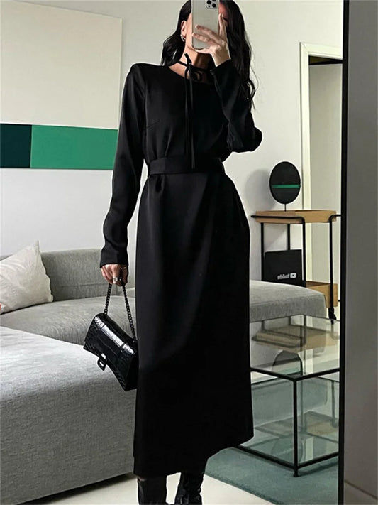Backless Lace-up Slim Maxi Dress Female Black Autumn Bandage Long Sleeve Patchwork Long Dress