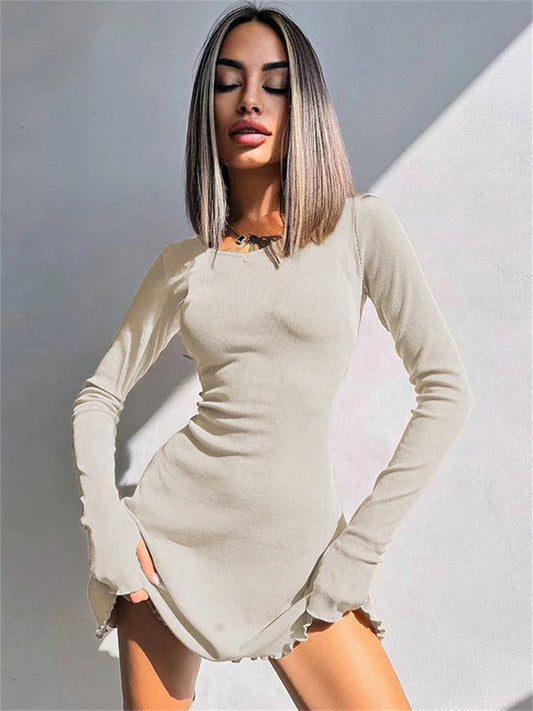 Bandage Ruffled High Waist Mini Dress for Long Sleeve Lace-up Patchwork Autumn Bodycon Dress New