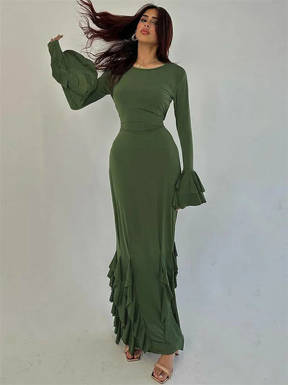 Bandage Ruffled Slim Maxi Dress ’s Patchwork Lace-up Bodycon Dress Female Autumn Long Dress