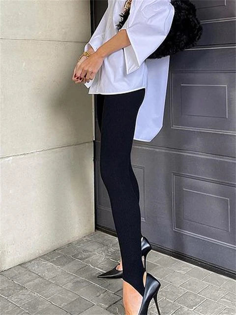 Beige Ribbed Knit Leggings High Waist Cotton Fitness Basic Pants Spring New All-match Female Skinny Leggings