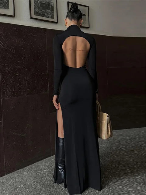 Black Backless Slim Long Dress for High Split Long Sleeve Patchwork Party Dress Maxi Dress
