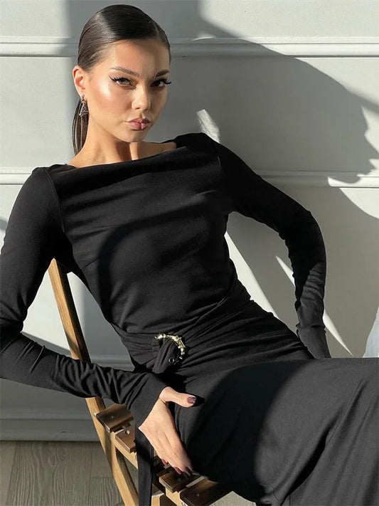 Black Lace-up Long Dress for Skinny High Waist Patchwork Side Split Dress Female Party Maxi Dress