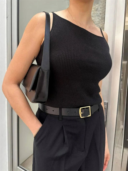 Black Ribbed T-shirt Top for Pullover Spaghetti Patchwork Sleeveless Summer Slim Body Top Female