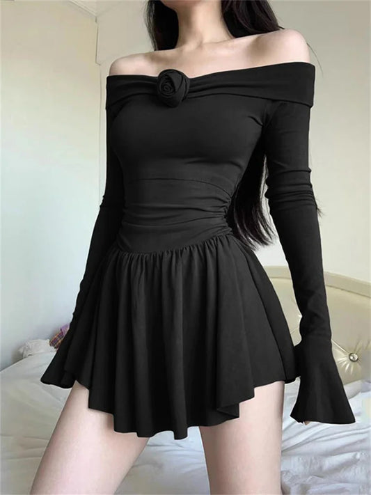 Black Ruffled Mini Dress Off-shoulder Long Sleeve Slim Backless Patchwork Dress Dress