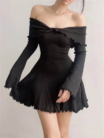 Black Knit Ruffled Mini Dress Patchwork Off-shoulder Loose Slim Ribbed Dress Knitwear Clothes Female Dress