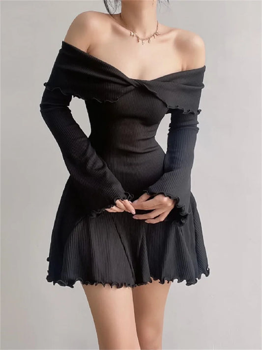 Black Knit Ruffled Mini Dress Patchwork Off-shoulder Loose Slim Ribbed Dress Knitwear Clothes Female Dress
