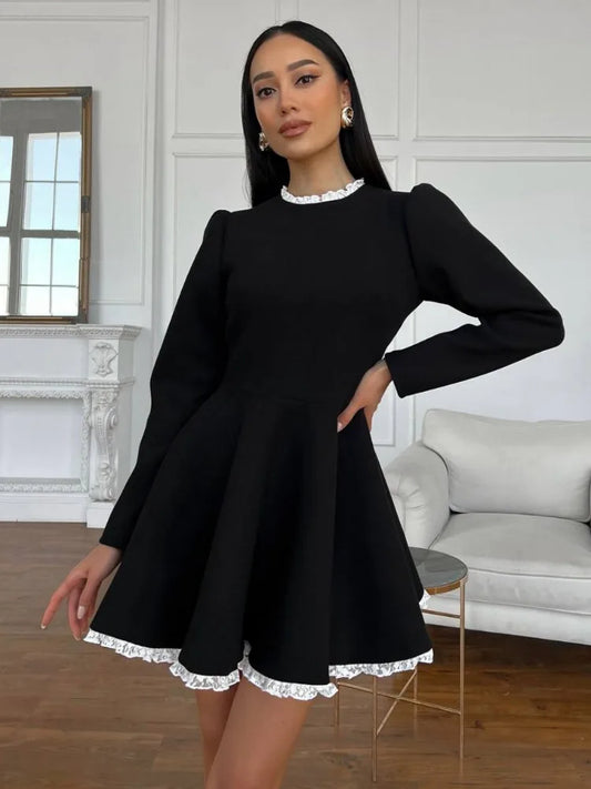 Black Lace Mini Dress – High Waist Party Gown