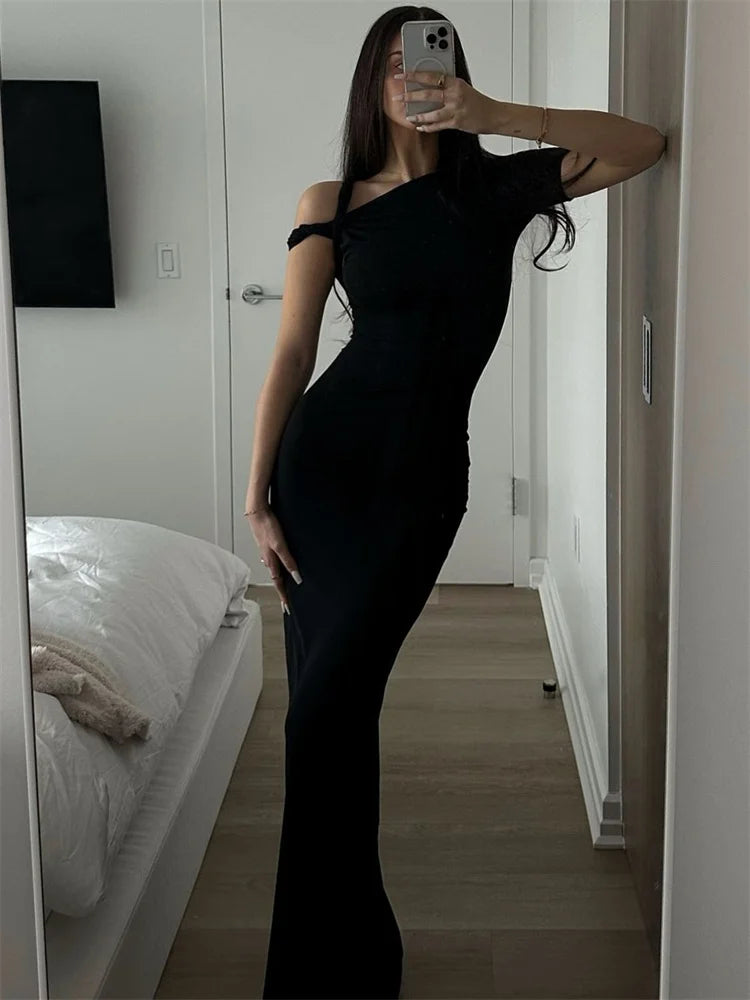 Black Long Dress Female Slim High Waist Off-shoulder Evening Partywear Dress One-shoulder Maxi Dress
