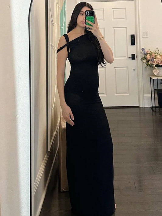 Black Long Dress Female Slim High Waist Off-shoulder Evening Partywear Dress One-shoulder Maxi Dress