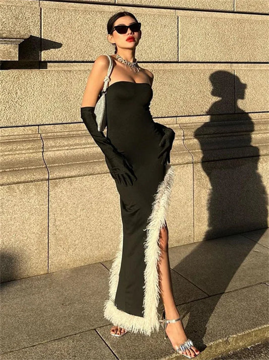 Black Patchwork With Gloves Maxi Dress Female Fur Feather Slim Off-shoulder Side Split Dress Bandeau Long Dress