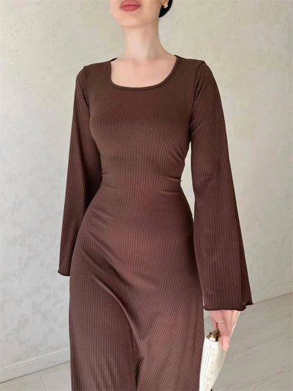 Black Ribbed Maxi Dress for Loose Slim High Waist Long Sleeve Party Dress Female Autumn Dress