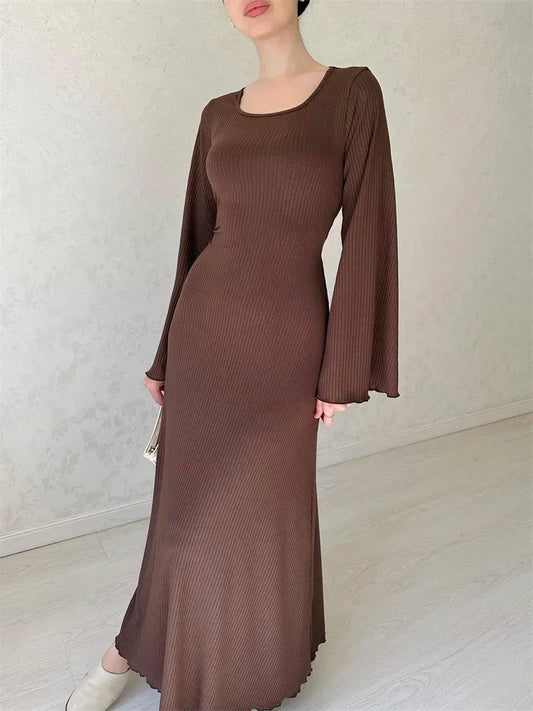 Black Ribbed Maxi Dress for Loose Slim High Waist Long Sleeve Party Dress Female Autumn Dress