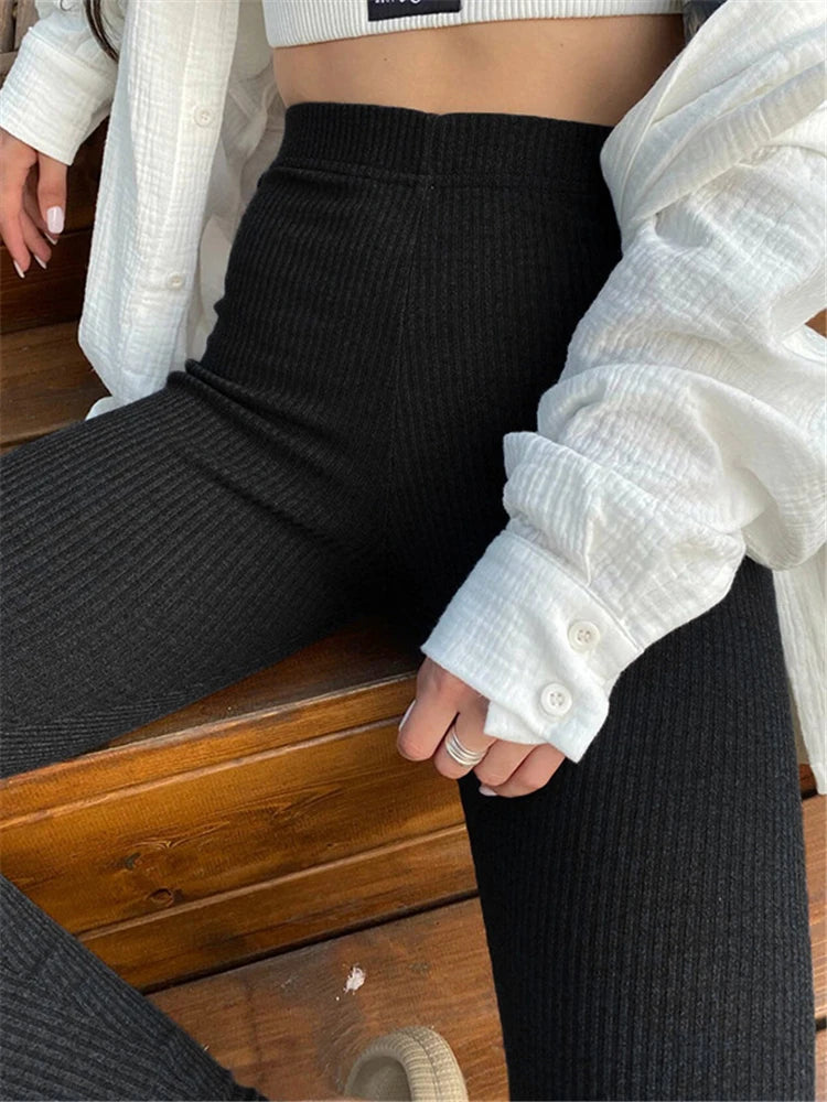 Black Ribbed Knit Leggings High Waist Cotton Fitness Basic Pants Spring New All-match Female Skinny Leggings