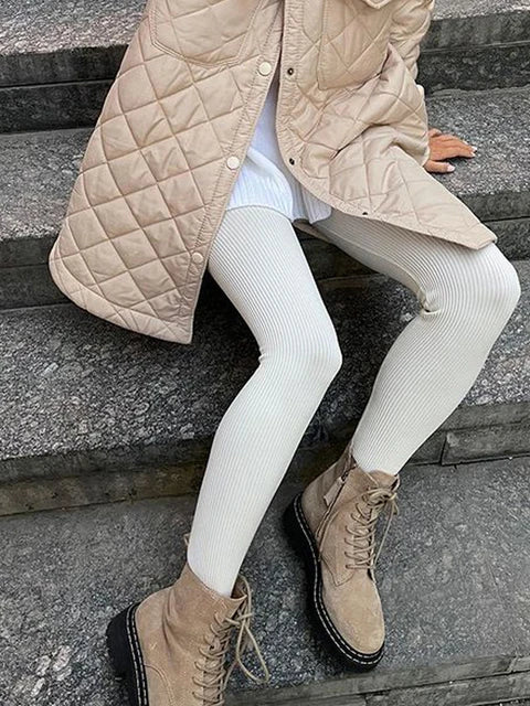 Black Ribbed Knit Leggings High Waist Cotton Fitness Basic Pants Spring New All-match Female Skinny Leggings