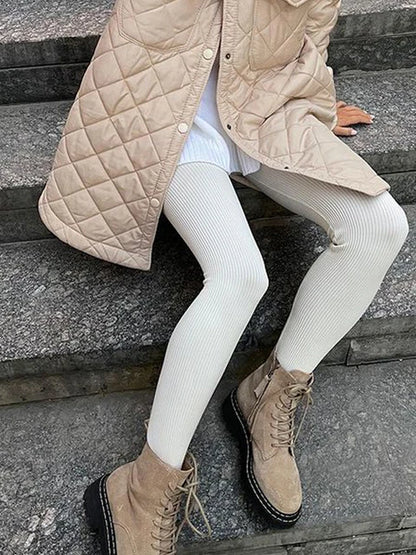 Black Ribbed Knit Leggings High Waist Cotton Fitness Basic Pants Spring New All-match Female Skinny Leggings