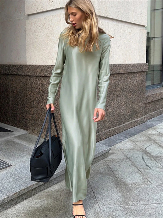 Black Satin Maxi Dress for Patchwork Slim High Waist Split Long Dress Party Dress