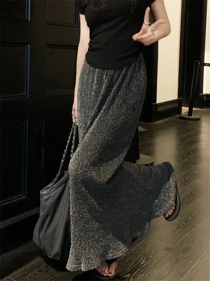 Black Sequin Slim Long Skirt High Waist Y2k Maxi Skirt Glitter Long Skirt