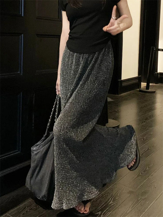 Black Sequin Slim Long Skirt High Waist Y2k Maxi Skirt Glitter Long Skirt
