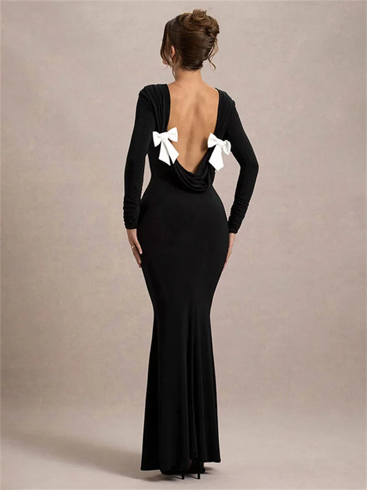 Black Tee Bow Backless Long Dress ’s High Waist Party Dress Gown Female Autumn Maxi Dress