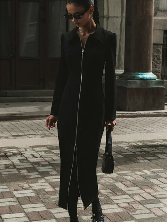 Black Zipper Lapel Maxi Dress for Cardigan Patchwork Slim High Waist Dress