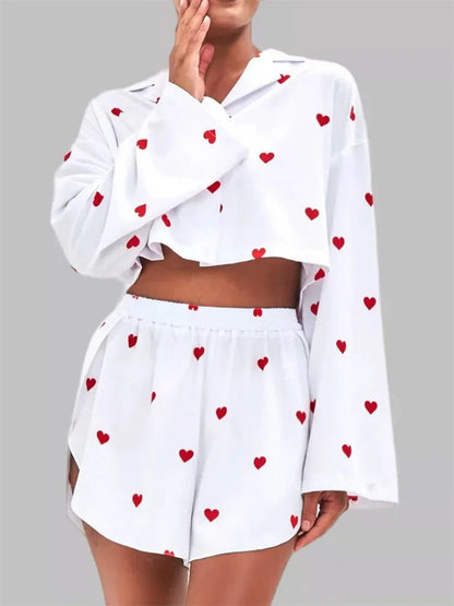Loose 2 Piece-set Shorts Outfits ’s Patchwork V-neck Cropped Pullover and High Waist Shorts Female Sets