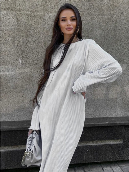 Loose Female Long Dress Long Sleeve Basic High White Summer for Maxi Dress Outfits