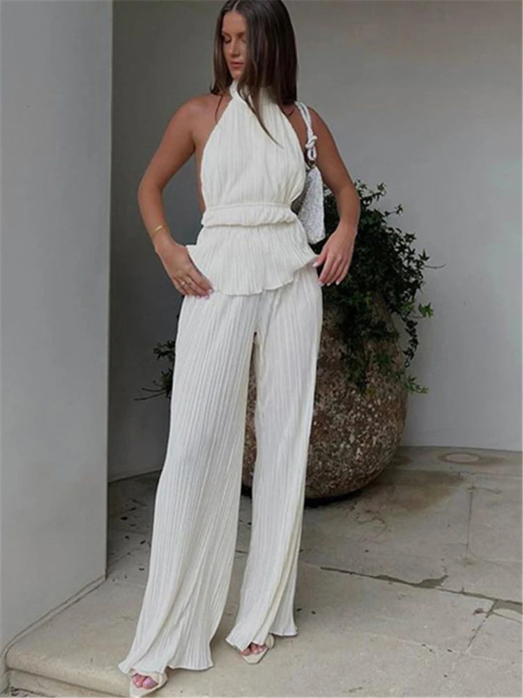 Loose Halter Two Piece Sets Suit Summer High Waist Pants Set Ruched Travel Holiday Outfits