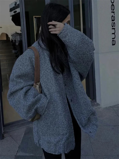 Loose High Waist Outwear Sweater for Long Sleeve Slim Pocket Patchwork Autumn Cardigan Knitwear ’s Coat