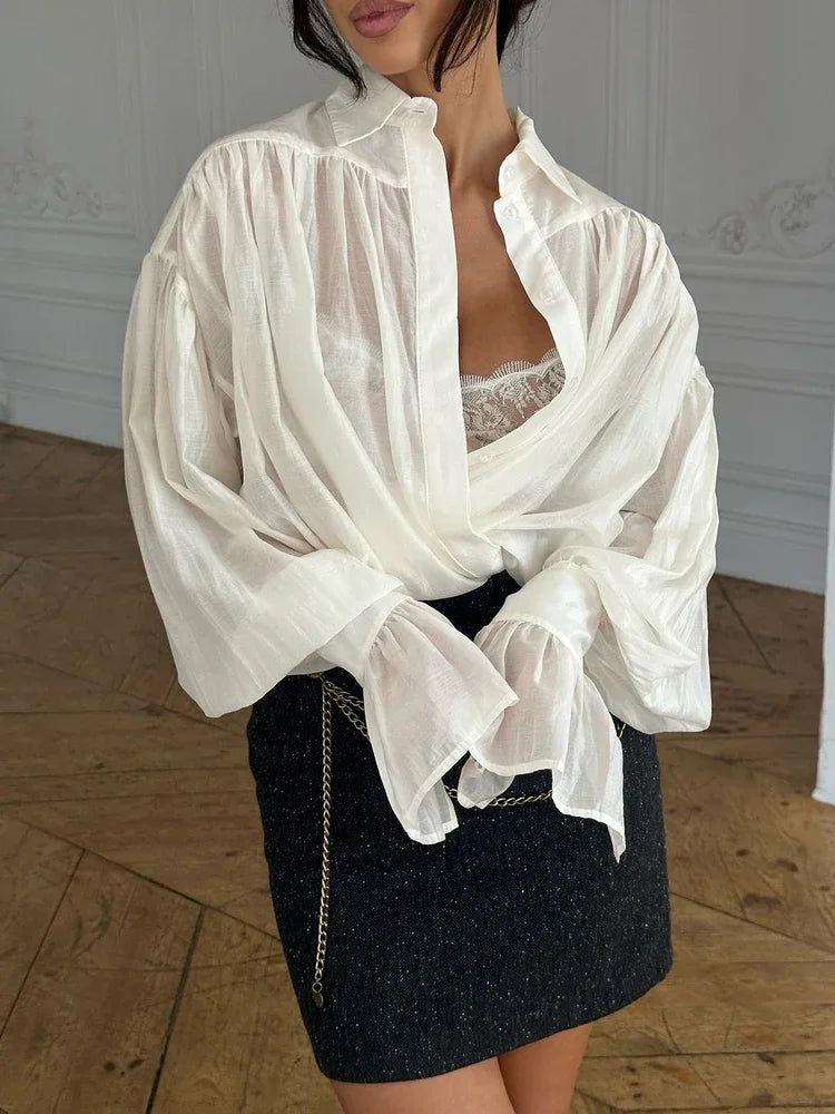 Loose Lapel See-through Patchwork Blouse