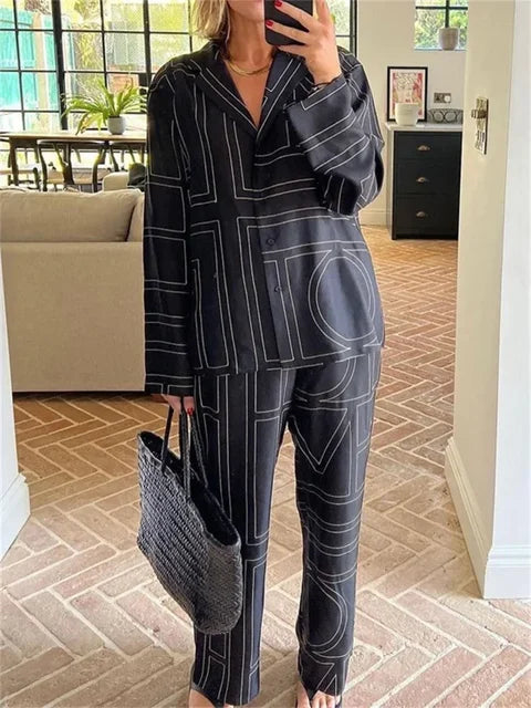 Patchwork Printed 2 Piece-set for Trousers Lapel Shirts Nightwear Slim High Waist ’s Pants Sets