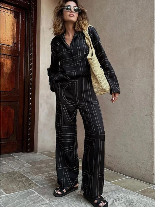 Patchwork Printed 2 Piece-set for Trousers Lapel Shirts Nightwear Slim High Waist ’s Pants Sets
