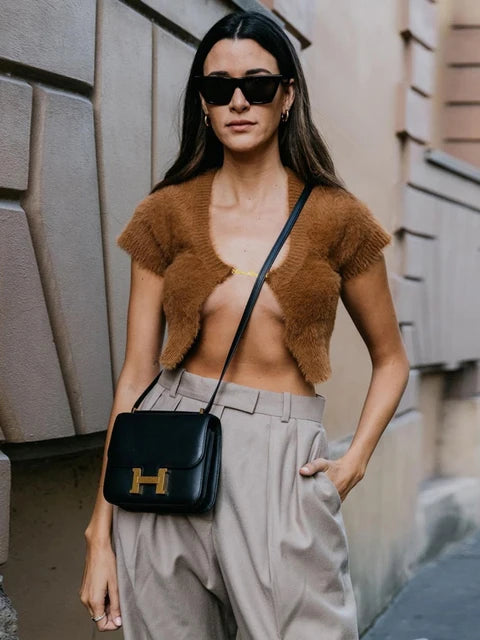 Mini Cropped Cardigan Tops Sweater Short Sleeve Knit Mohair Lady Letters Chain Tank Tops for New