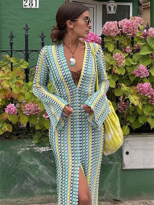 Contrast Hollow Out V-neck Maxi Dress Female Slim Loose High Street Long Sleeve Lace Dress Patchwork Long Dress