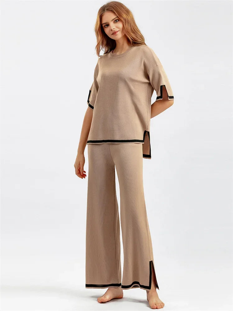 Contrast Knit Trousers 2 Piece-set Female Slim Patchwork Loose Pullover and Wide Leg ’s Pants Sets