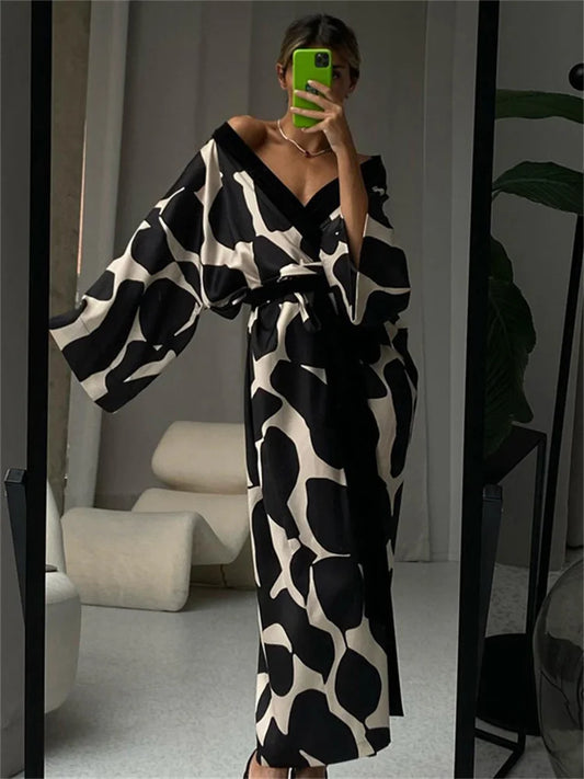 Contrast Loose Lace-up Long Dress Nightwear for V-neck Long Sleeve Autumn Clothes Female Bandage Maxi Dress