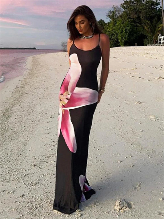 Contrast Spaghetti Slim Maxi Dress Female Printed Off-shoulder Holiday Beach Dress Patchwork Summer Party Dress