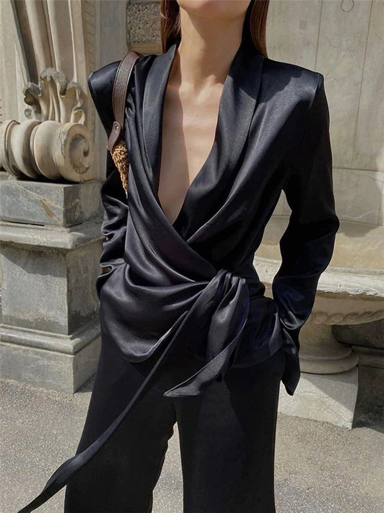 Deep V-neck Long Sleeve Bandage Blouse and Wide Leg Pants Set Loose Sets Spring Outwears