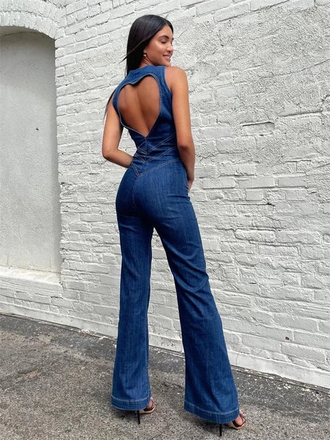 Denim Backless Sleeveless Jumpsuits Female Hollow Out Slim Heart Cutout Y2k Bodycon Jeans High Street Jumpsuits
