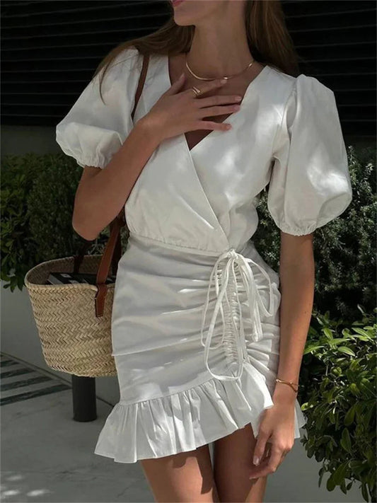 Drawstring V-neck Mini Dress Female Ruffled Short Sleeve Patchwork Lace-up White Dress ’s Bandage Party Dress