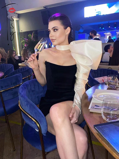 Bandage One Shoulder Lantern Sleeve Mini Dress Party Patchwork Backless Night Bodycon Clubwear Dress