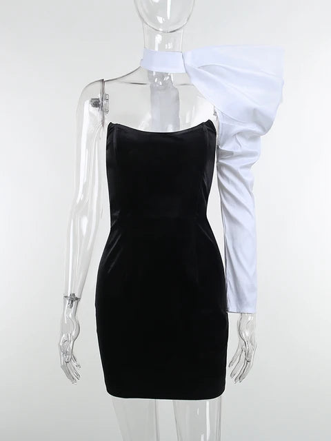 Bandage One Shoulder Lantern Sleeve Mini Dress Party Patchwork Backless Night Bodycon Clubwear Dress