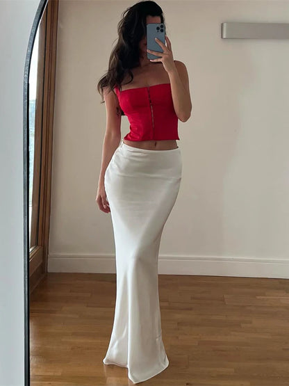 Long Skirt Patchwork for Slim Party Gown Skirt Summer New High Waist Outfits White Y2k Skirt