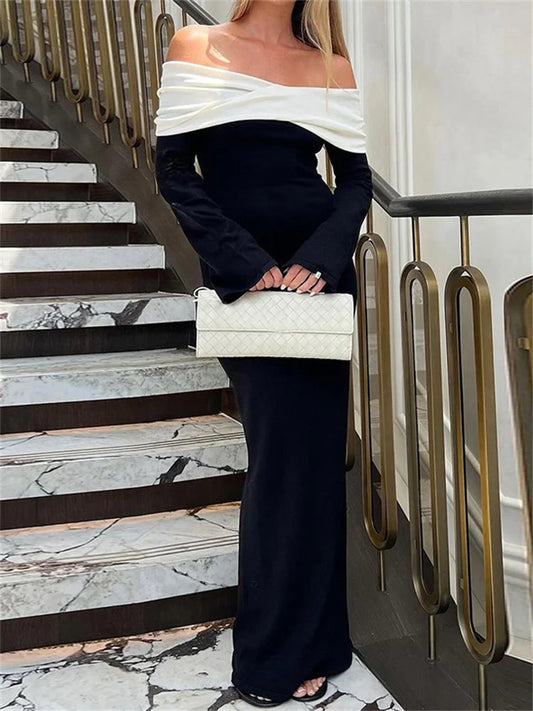 Contrast Slim Maxi Dress Female Off-shoulder Twist Long Sleeve Patchwork Dress Party Dress Clothes