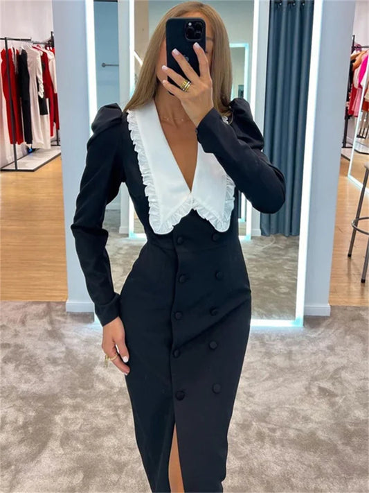 Autumn Maxi Dress Female Patchwork V-neck Contrast Slim High Split Party Dress Gown Dress