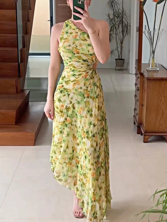Female Dress Gown Pleated One-shoulder Sleeveless Summer Party Dress Slim for Maxi Dress